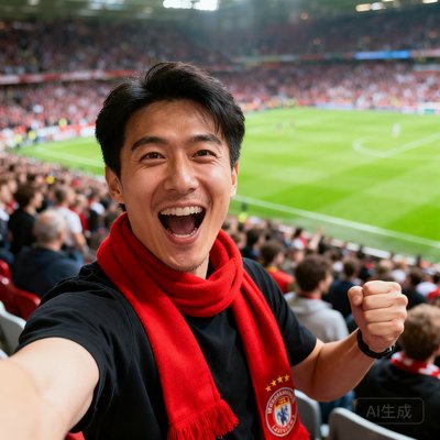 一位男性球迷用户头像，戴着红色围巾在球场看台上自拍，背景是模糊的绿茵场和密集的观众人群，表情兴奋热情。