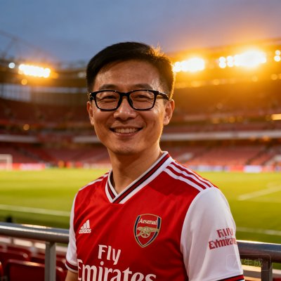 一位30岁左右的中国男性球迷头像，戴着黑框眼镜，身穿阿森纳红色主场球衣，站在球场看台栏杆前微笑，背景是傍晚时分灯光亮起的足球场。